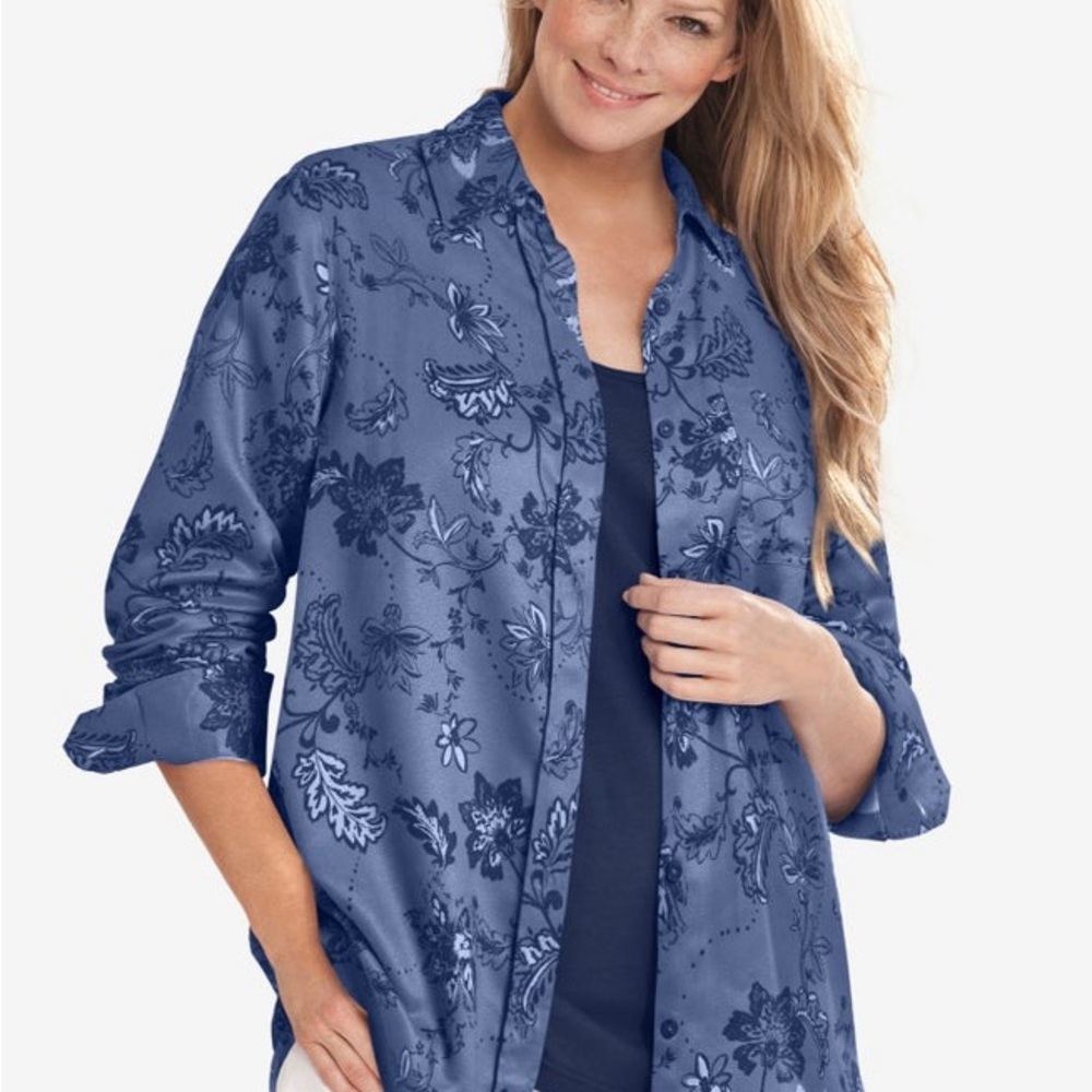 Woman Within Navy Blue Shirt with Subtle Floral Design